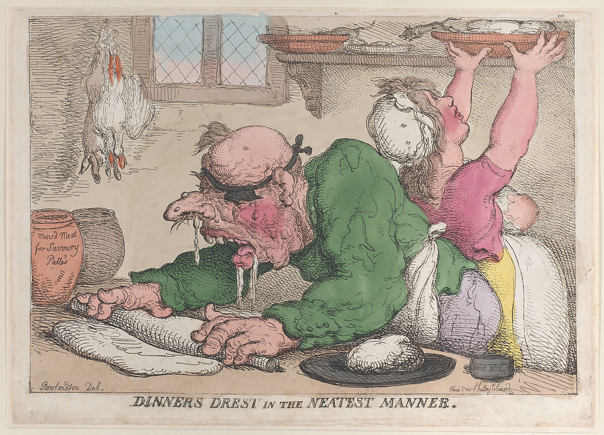Dinners Drest in the Neatest Manner, Thomas Rowlandson (British, London 1757–1827 London), Hand-colored etching; reprint