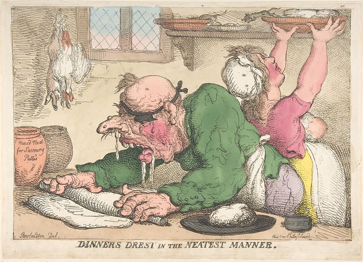 Dinners Drest in the Neatest Manner, Thomas Rowlandson (British, London 1757–1827 London), Hand-colored etching; reprint 