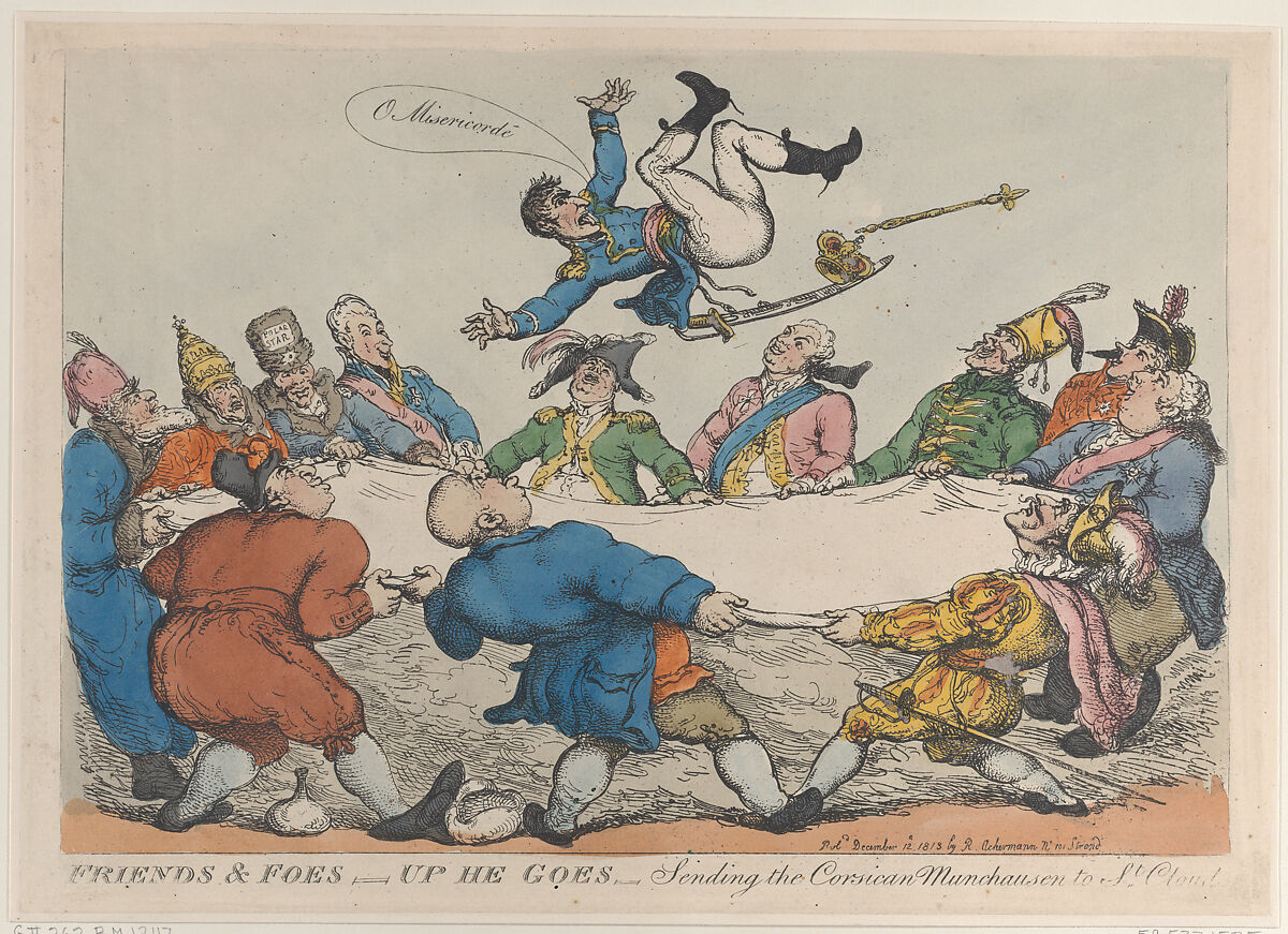 Friends and Foes–Up He Goes–Sending the Corsican Munchausen to St. Cloud's, Thomas Rowlandson (British, London 1757–1827 London), Hand-colored etching 