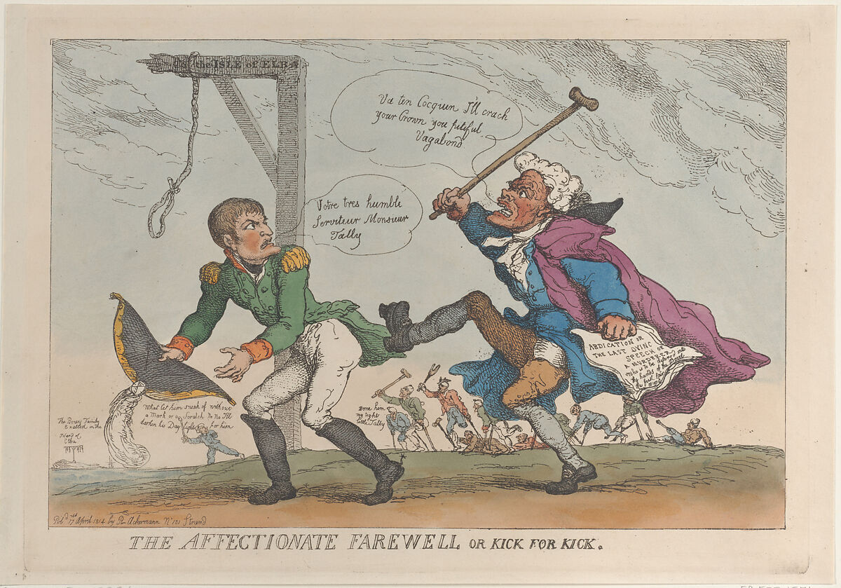 The Affectionate Farewell, or Kick for Kick, Thomas Rowlandson (British, London 1757–1827 London), Hand-colored etching 