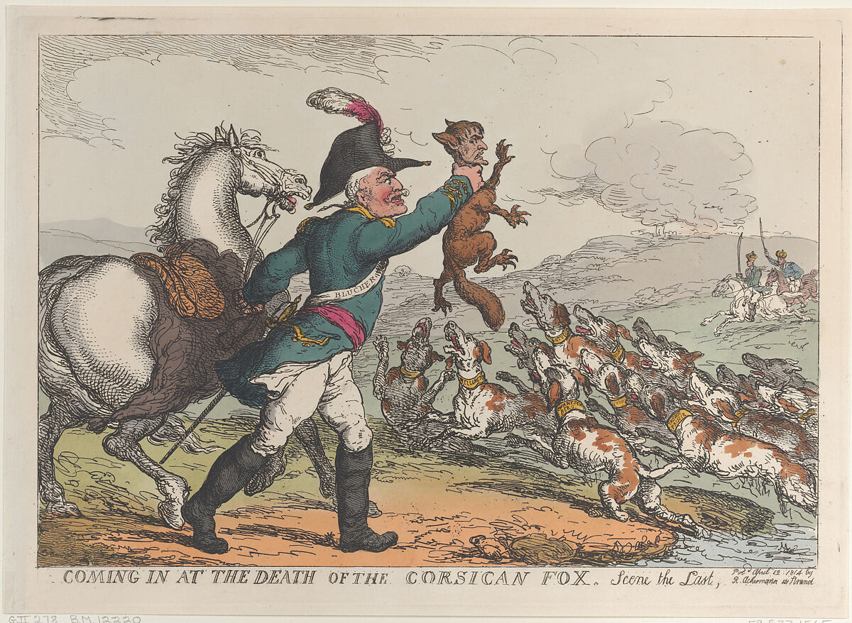 Coming in at the Death of the Corsican Fox, Scene the Last, Thomas Rowlandson (British, London 1757–1827 London), Hand-colored etching 