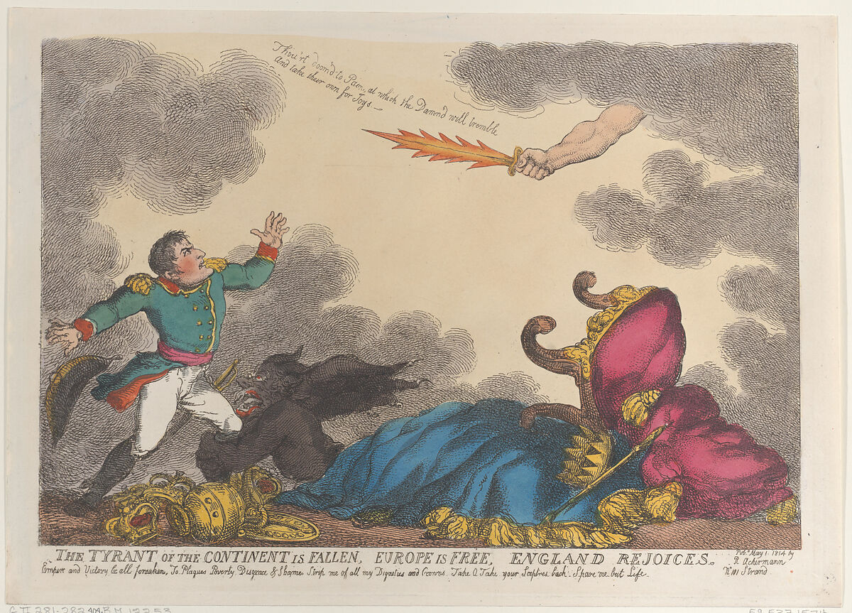 The Tyrant of the Continent is Fallen, Europe is Free, England Rejoices, Thomas Rowlandson (British, London 1757–1827 London), Hand-colored etching 