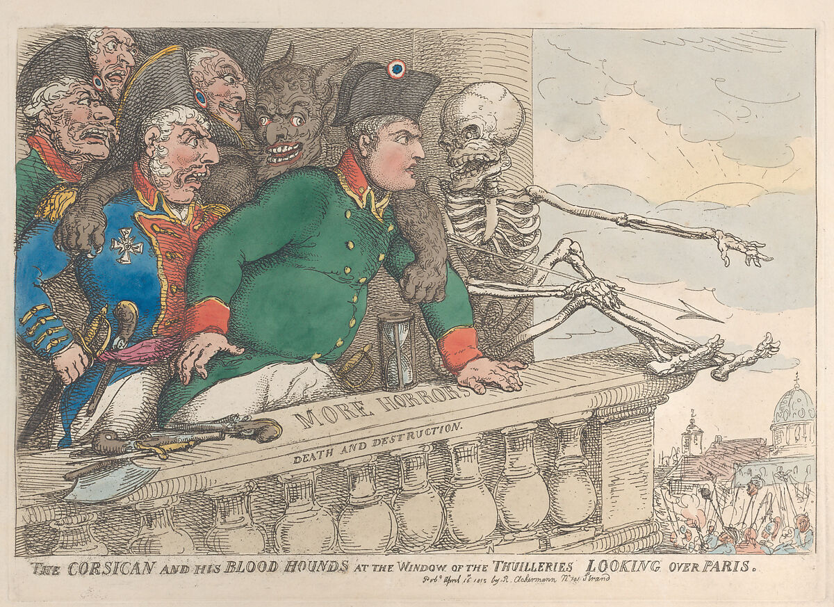 The Corsican and His Bloodhounds at the Window of the Thuilleries Looking Over Paris, Thomas Rowlandson (British, London 1757–1827 London), Hand-colored etching 