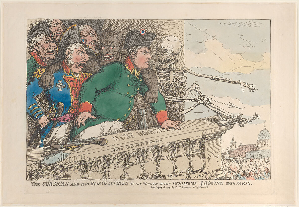 The Corsican and His Bloodhounds at the Window of the Thuilleries Looking Over Paris, Thomas Rowlandson (British, London 1757–1827 London), Hand-colored etching