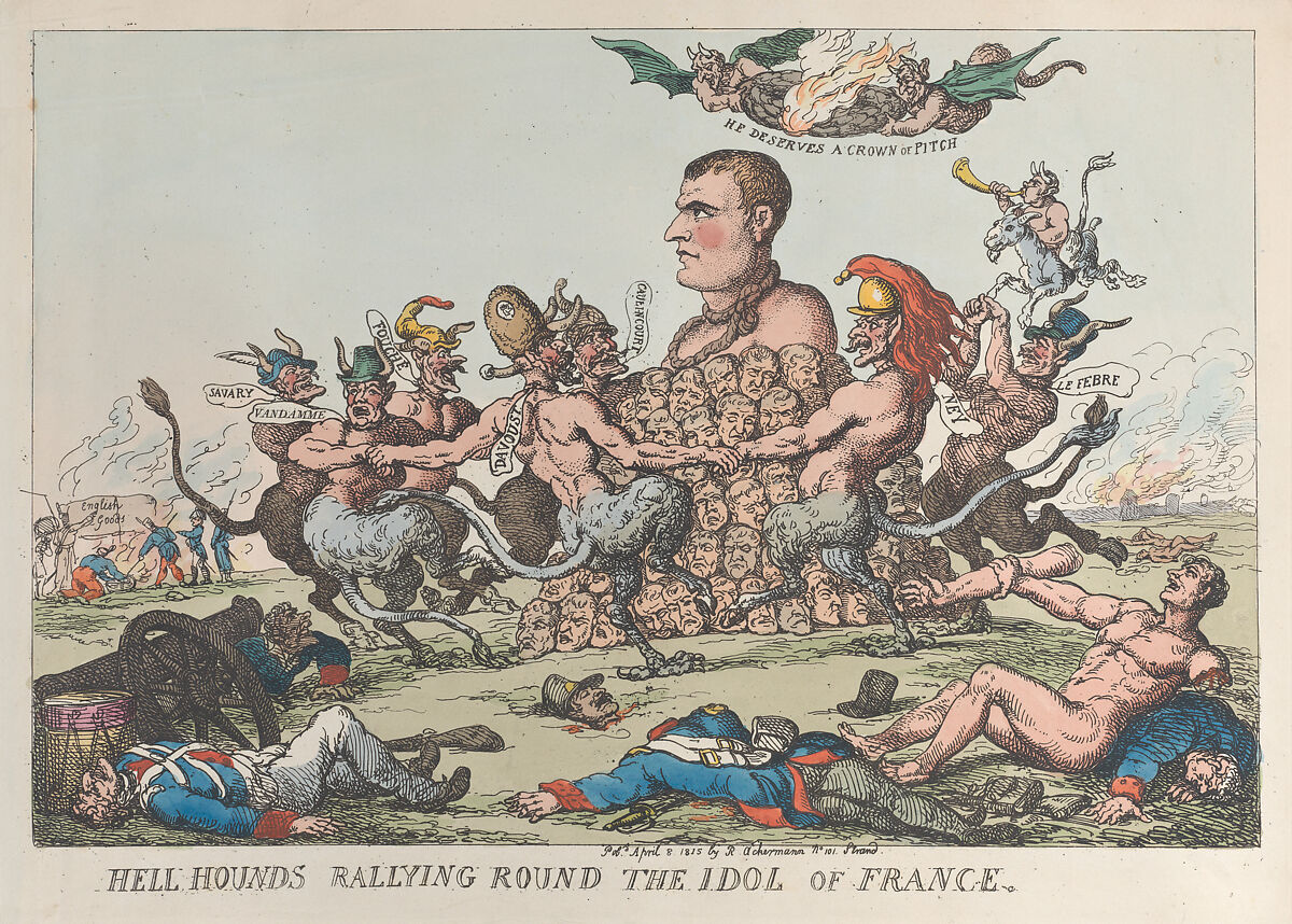 Hell Hounds Rallying Round the Idol of France, Thomas Rowlandson (British, London 1757–1827 London), Hand-colored etching