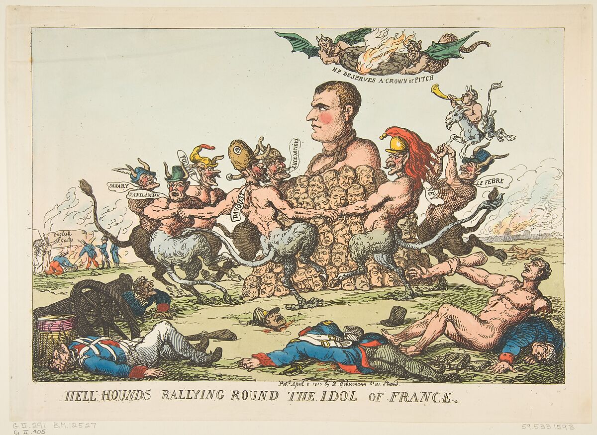Hell Hounds Rallying Round the Idol of France, Thomas Rowlandson (British, London 1757–1827 London), Hand-colored etching 