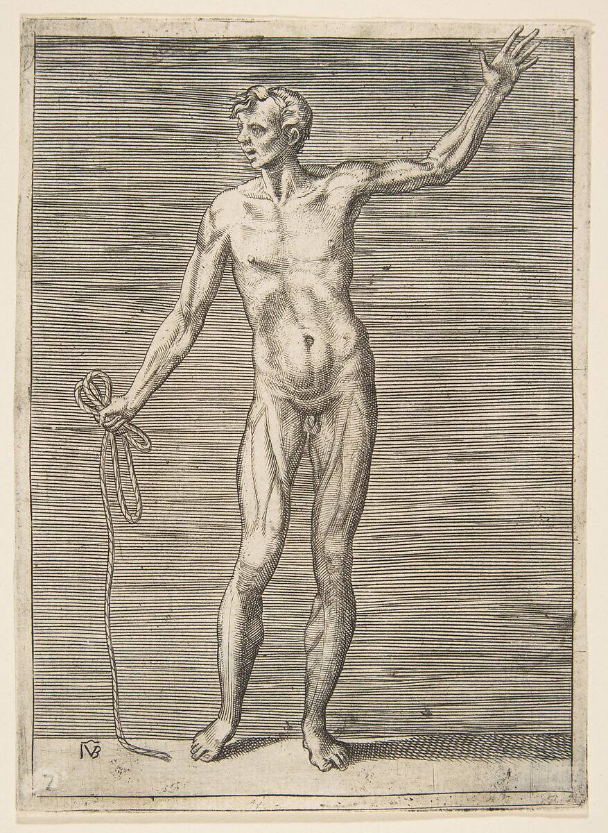 Man seen from the Front, holding a Rope in his right Hand, Giulio Bonasone (Italian, active Rome and Bologna, 1531–after 1576), Engraving 