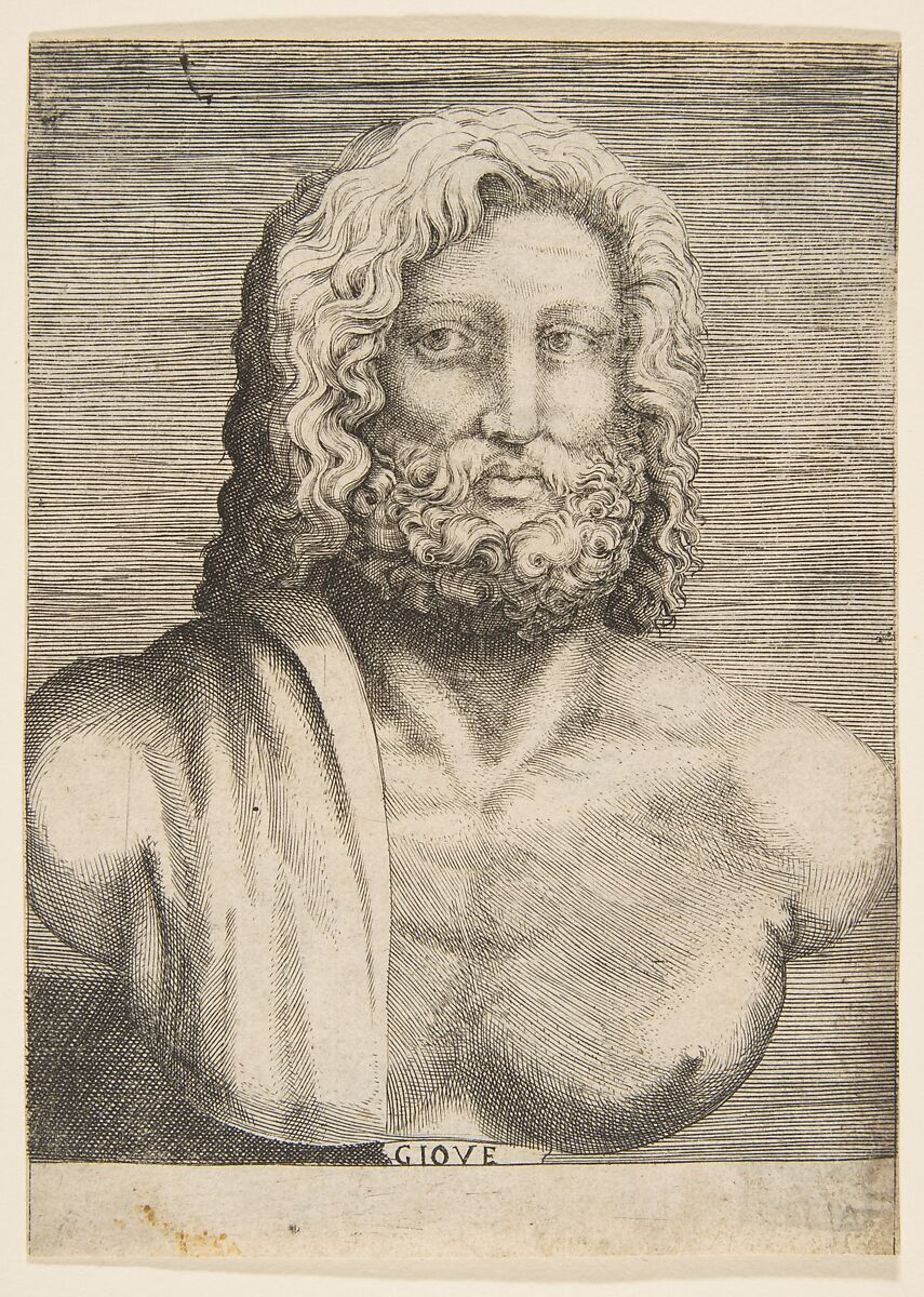 Bust of Jupiter, Giulio Bonasone (Italian, active Rome and Bologna, 1531–after 1576), Engraving 