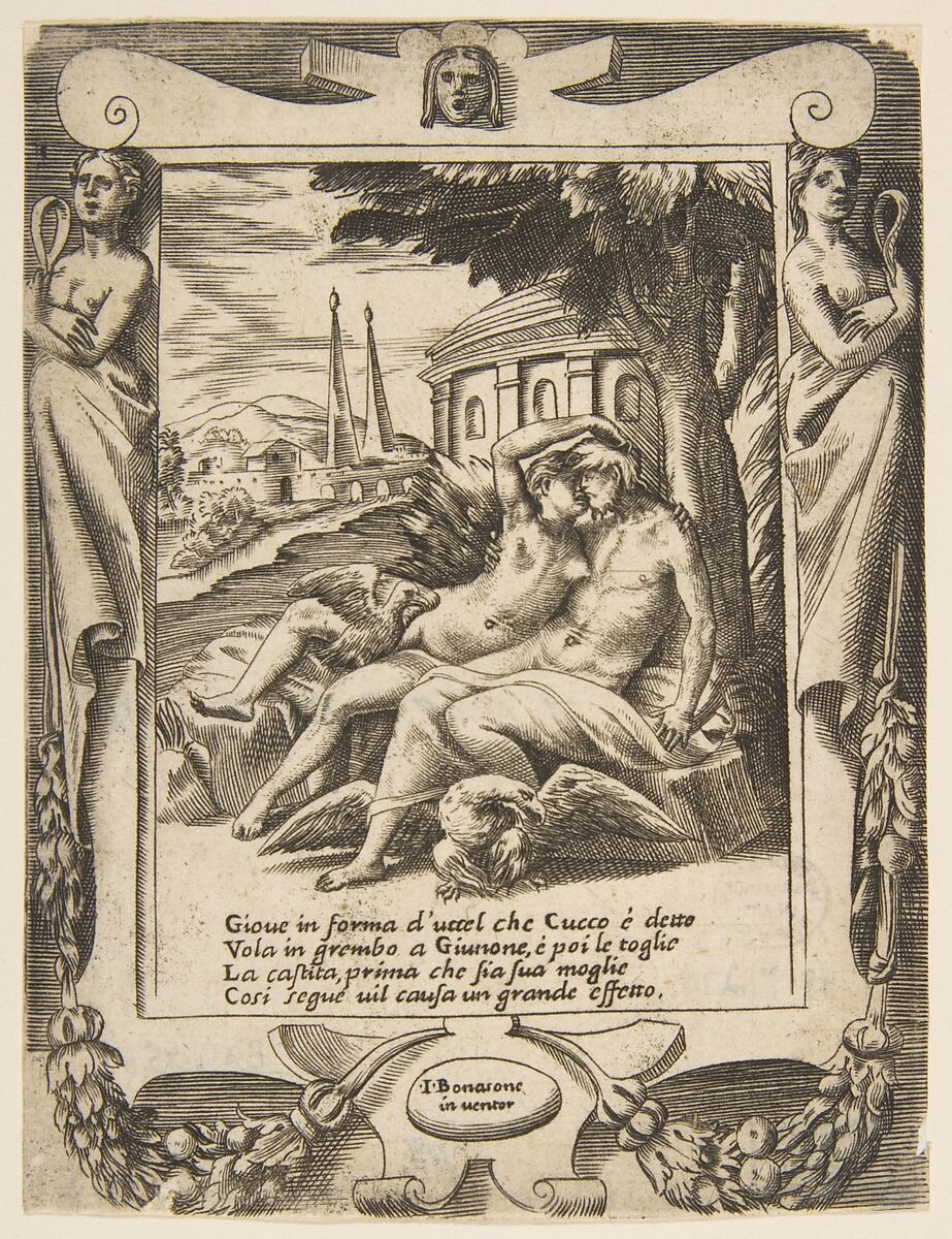Jupiter tells Juno of his love, set within a frame, from "Loves, Rages and Jealousies of Juno", Giulio Bonasone (Italian, active Rome and Bologna, 1531–after 1576), Engraving 