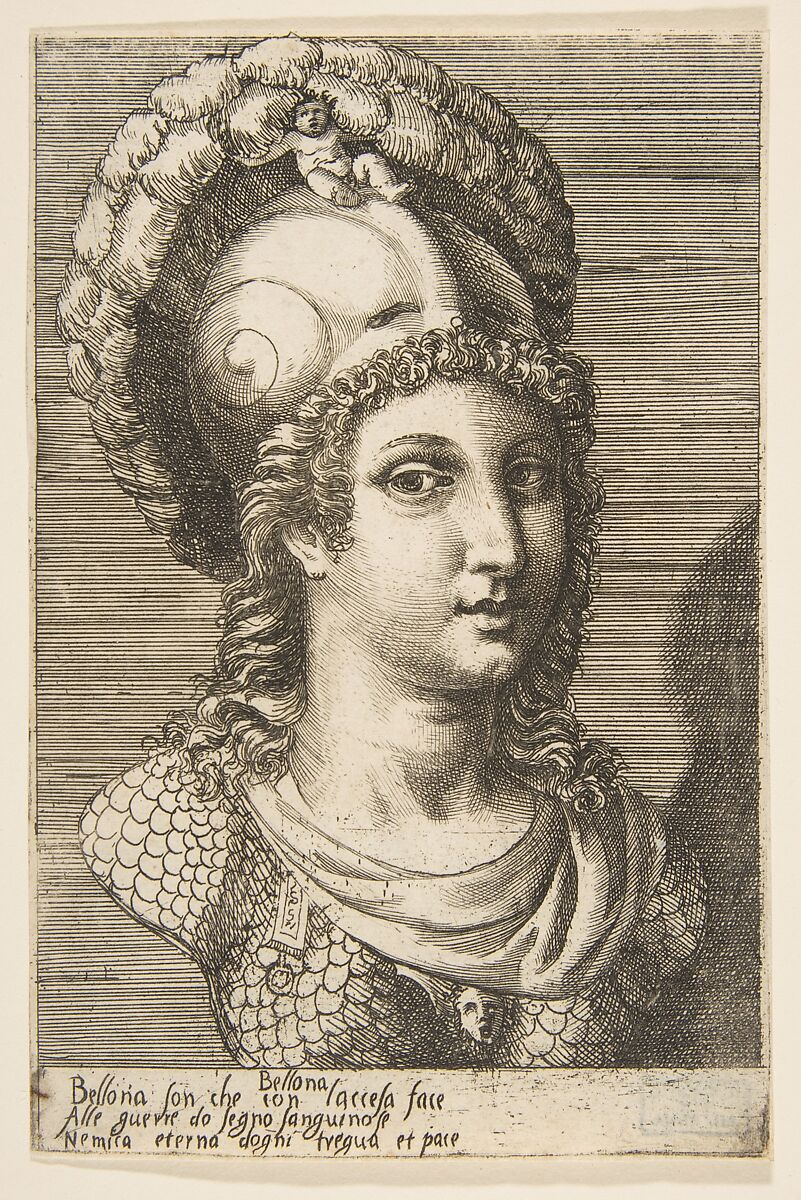 Bust of Bellona, Giulio Bonasone (Italian, active Rome and Bologna, 1531–after 1576), Engraving 