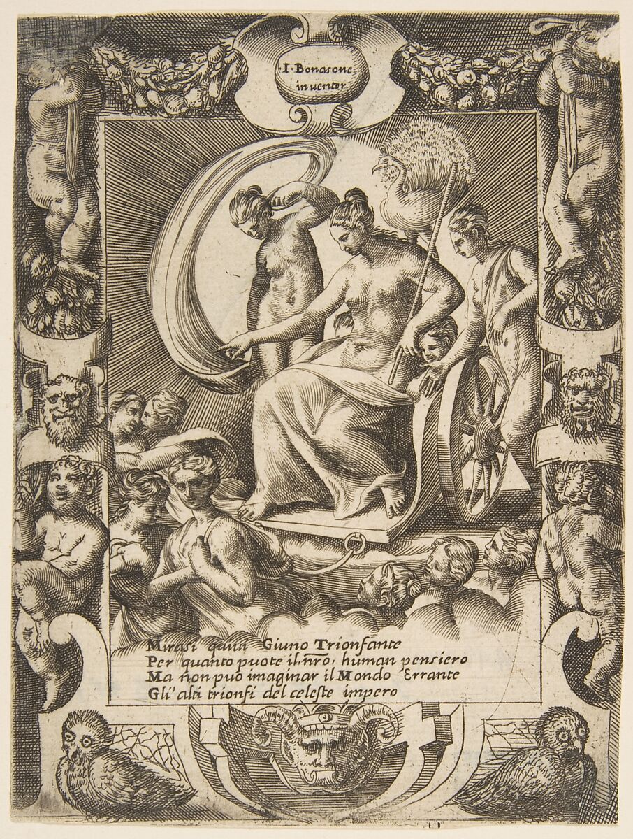 The triumph of Juno who is sat in a carriage, set within a elaborate frame, from "Loves, Rages and Jealousies of Juno", Giulio Bonasone (Italian, active Rome and Bologna, 1531–after 1576), Engraving 
