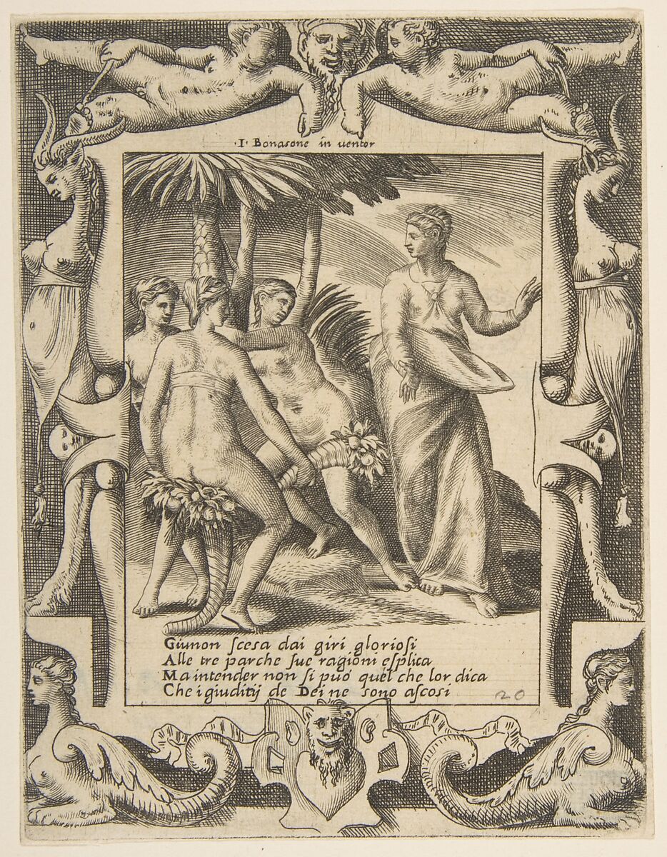 Juno at the right turning and speaking to the Fates, set within an elaborate frame, from "Loves, Rages and Jealousies of Juno", Giulio Bonasone (Italian, active Rome and Bologna, 1531–after 1576), Engraving 