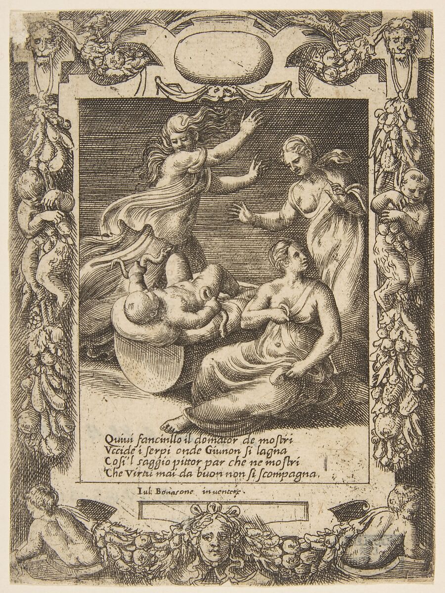 The infant Hercules killing the snakes, set within an elaborate frame, from "Loves, Rages and Jealousies of Juno", Giulio Bonasone (Italian, active Rome and Bologna, 1531–after 1576), Engraving 