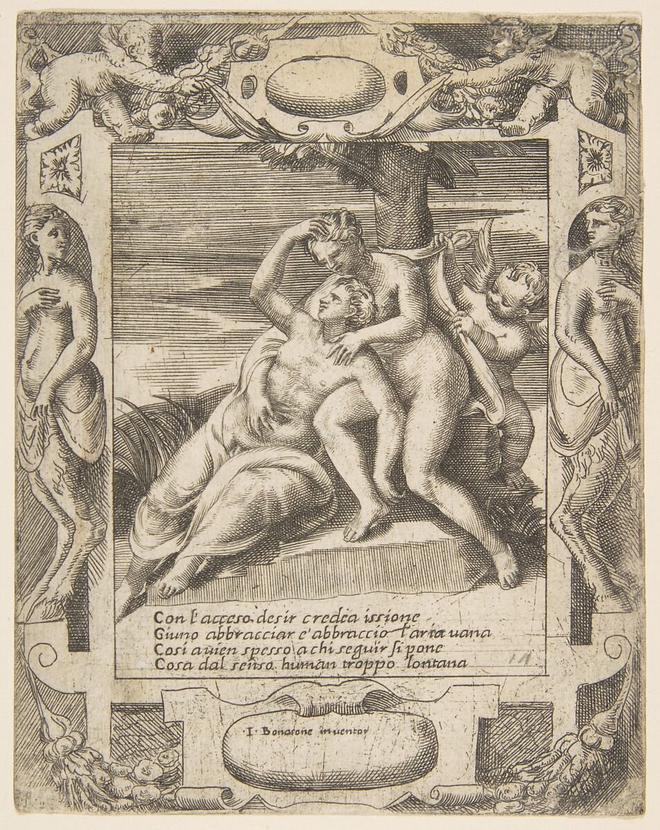 Ixion embracing a cloud, thinking it is Juno, Cupid at the right, set within an elaborate frame, from "Loves, Rages and Jealousies of Juno", Giulio Bonasone (Italian, active Rome and Bologna, 1531–after 1576), Engraving 