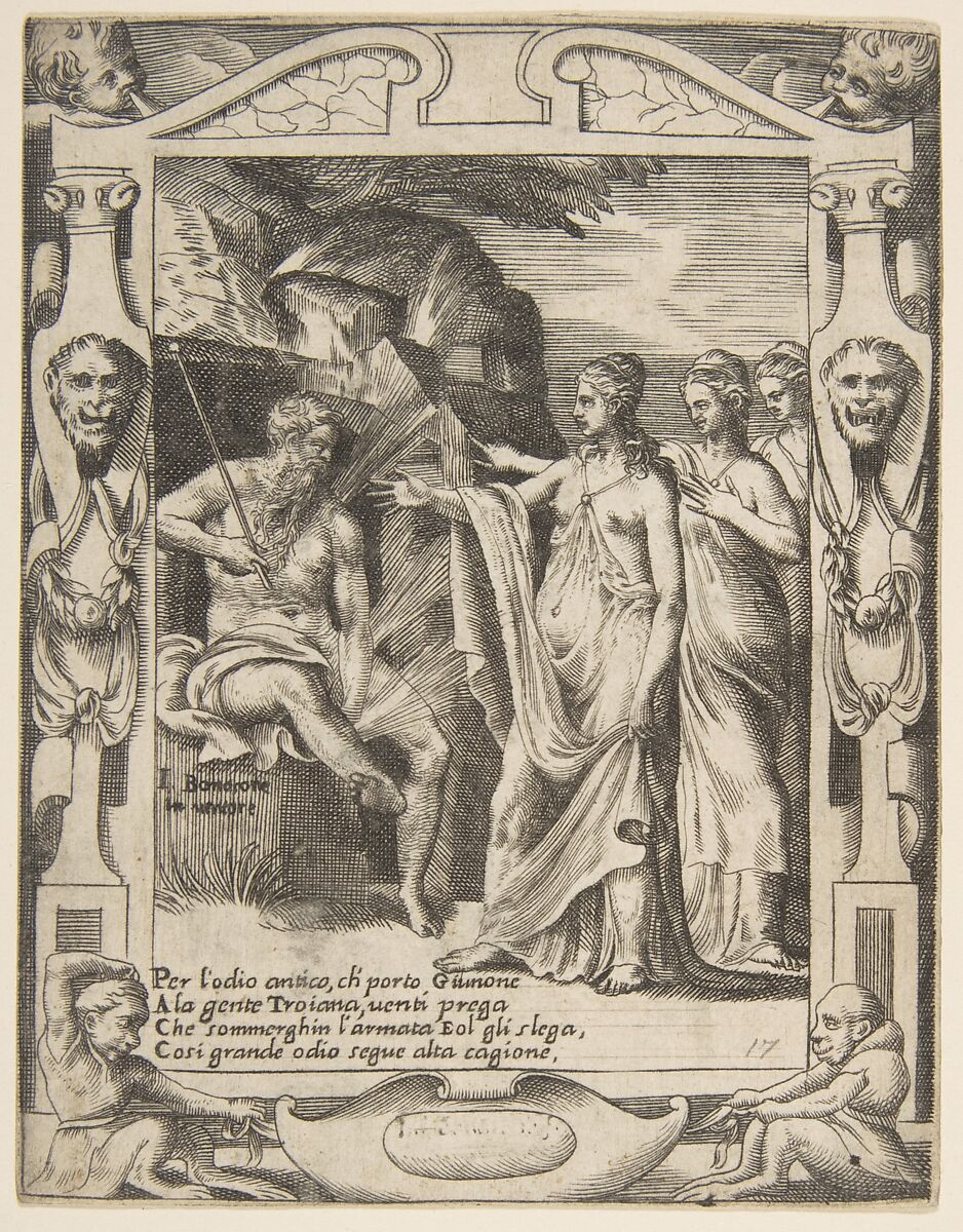 Juno asks Aeolus to raise a storm against the Trojan fleet, set within an elaborate frame, from "Loves, Rages and Jealousies of Juno", Giulio Bonasone (Italian, active Rome and Bologna, 1531–after 1576), Engraving 