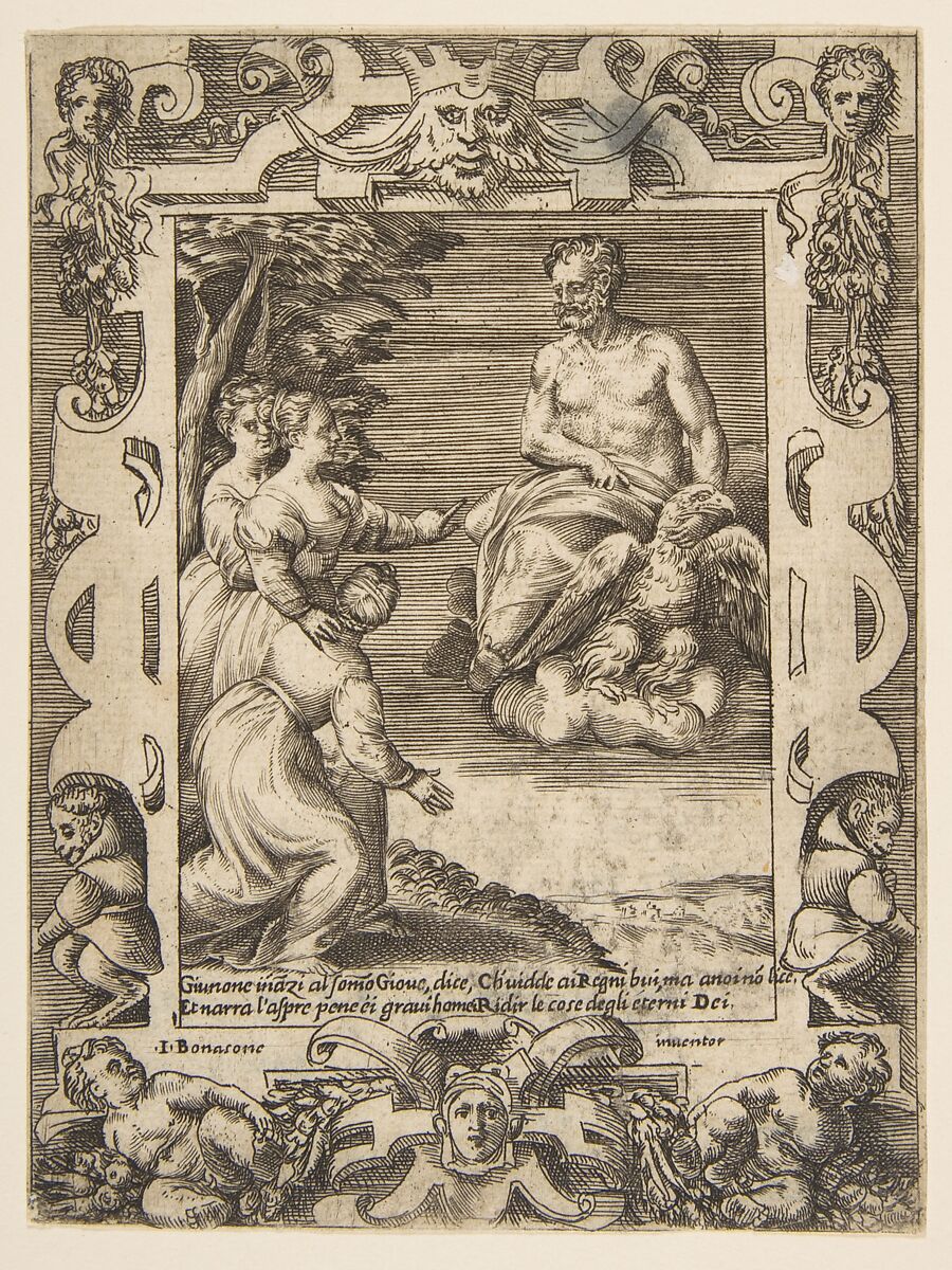 Juno at left asks Jupiter to help the Greeks, set within an elaborate frame, from "Loves, Rages and Jealousies of Juno", Giulio Bonasone (Italian, active Rome and Bologna, 1531–after 1576), Engraving 