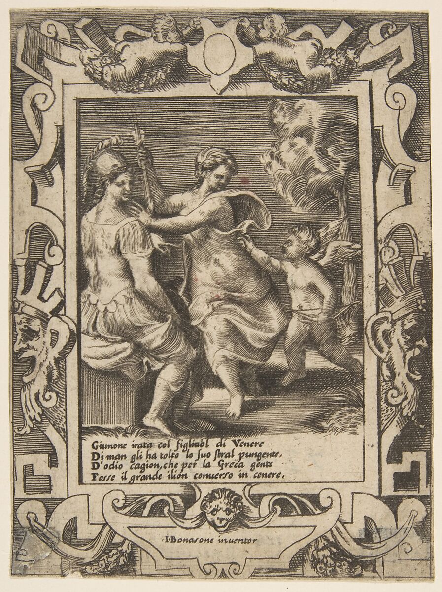 Athena seated near Juno who has taken away Cupid's arrows, set within an elaborate frame, from "Loves, Rages and Jealousies of Juno", Giulio Bonasone (Italian, active Rome and Bologna, 1531–after 1576), Engraving 