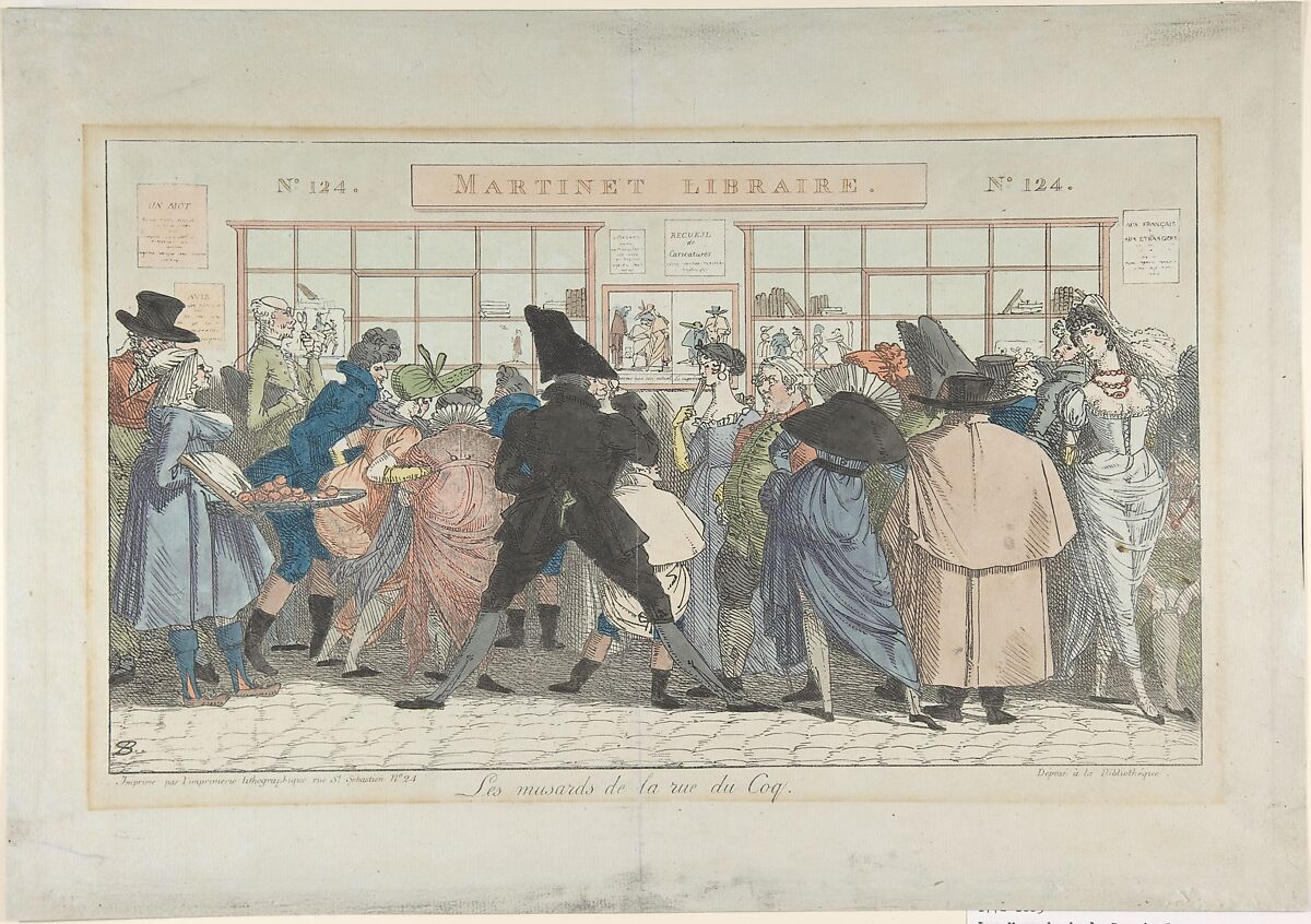 Les Musards de la Rue du Coq (Dawdlers of the Rue du Coq), Designed by Pierre Nolasque Bergeret (French, Bordeaux 1782–1863 Paris), Hand-colored pen lithograph