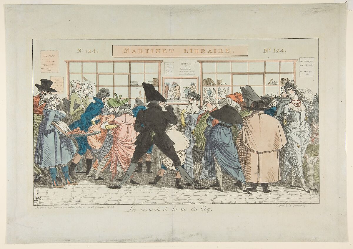 Les Musards de la Rue du Coq (Dawdlers of the Rue du Coq), Designed by Pierre Nolasque Bergeret (French, Bordeaux 1782–1863 Paris), Hand-colored pen lithograph 