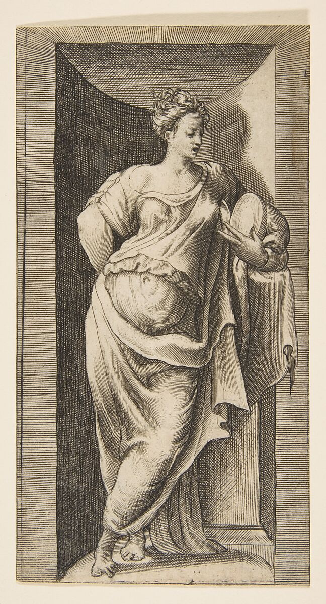 A muse standing in a niche, left arm resting in a ledge, Giulio Bonasone (Italian, active Rome and Bologna, 1531–after 1576), Engraving 