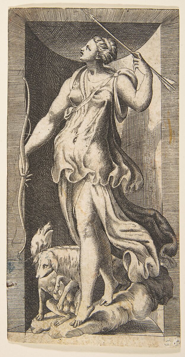 Diana the huntress acompanied by her dogs standing in a niche, Giulio Bonasone (Italian, active Rome and Bologna, 1531–after 1576), Engraving 