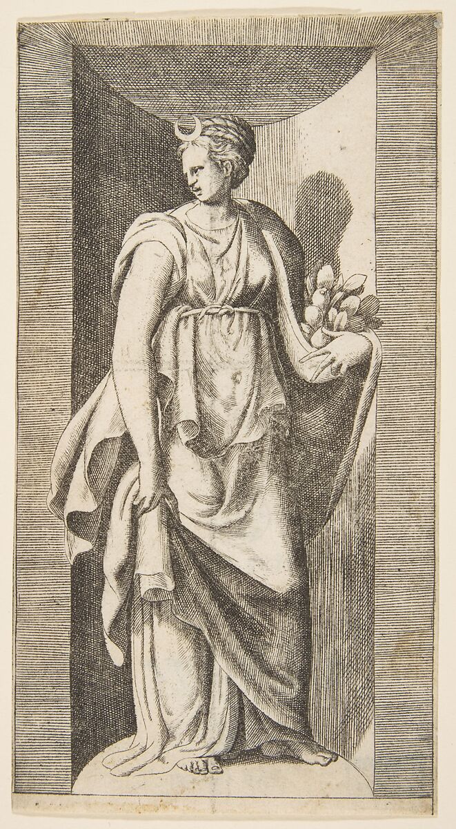 Diana holding fruit in her left hand standing within a niche, Giulio Bonasone (Italian, active Rome and Bologna, 1531–after 1576), Engraving 