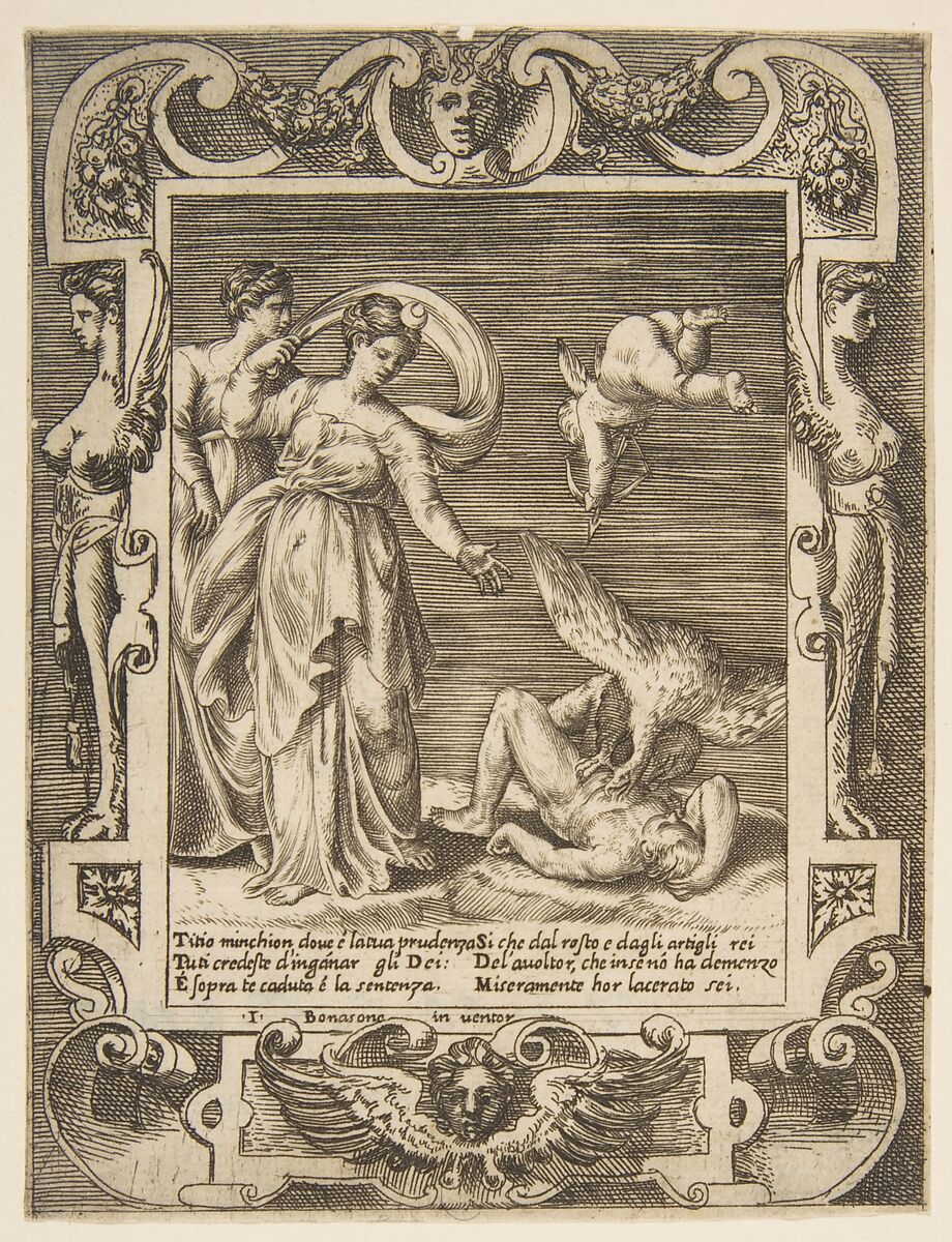 A vulture eating the innards of Titius, Cupid above two women to the left, set within and elaborate frame, from "Loves, Rages and Jealousies of Juno", Giulio Bonasone (Italian, active Rome and Bologna, 1531–after 1576), Engraving 
