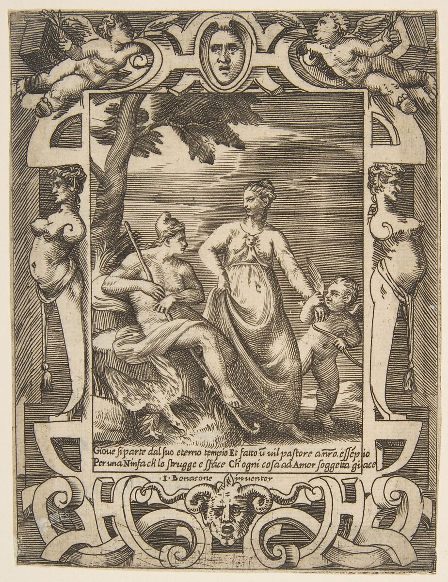 Jupiter at left in the form of a shepherd accompanied by Mnemosyne, set within an elaborate cartouche, from "Loves, Rages and Jealousies of Juno", Giulio Bonasone (Italian, active Rome and Bologna, 1531–after 1576), Engraving 