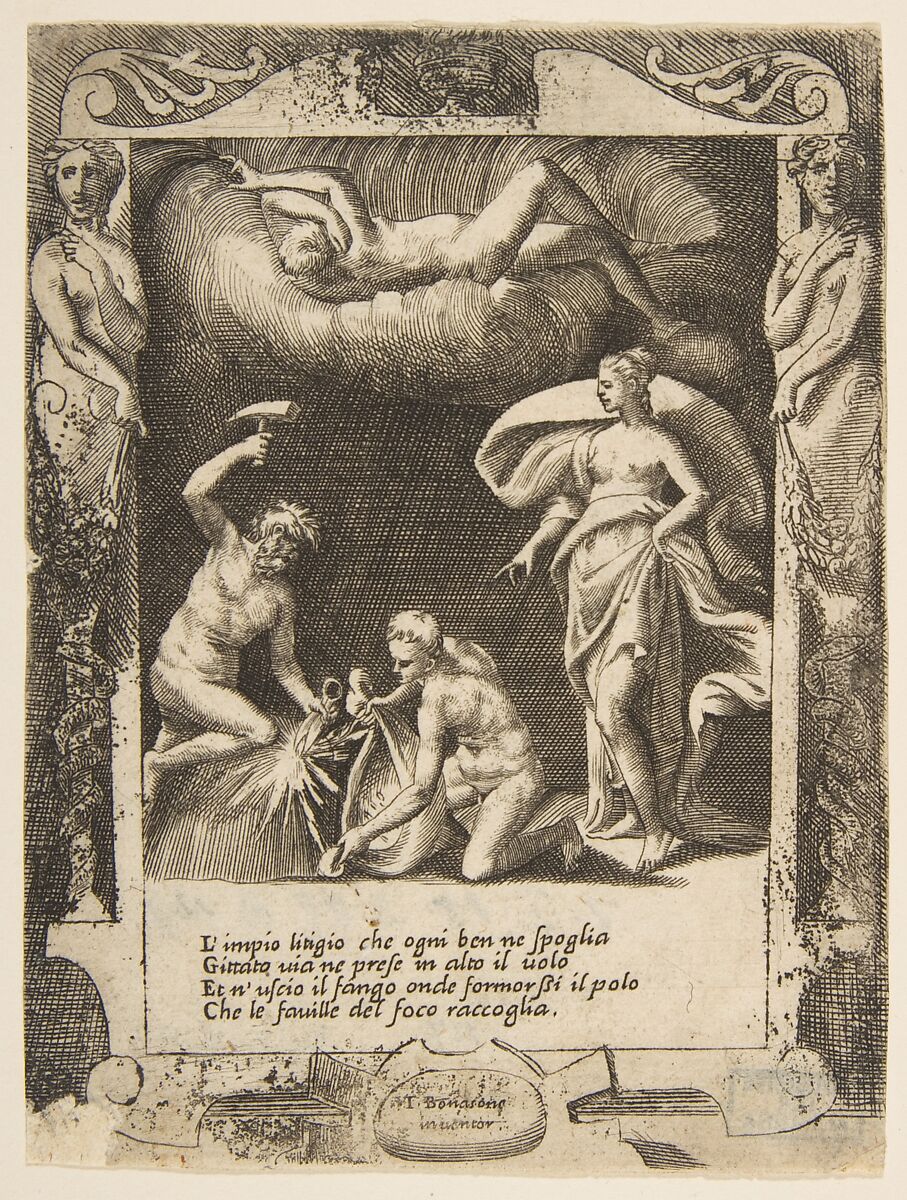 Litigium removed from the body of Chaos while his mother is thrown into the air, set within a frame, from "Loves, Rages and Jealousies of Juno", Giulio Bonasone (Italian, active Rome and Bologna, 1531–after 1576), Engraving 
