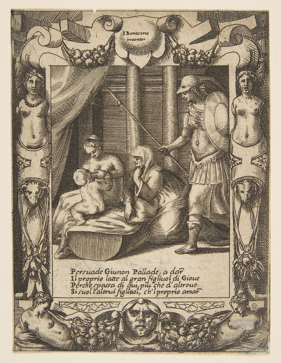 Juno persuading Athena to nurse the young Hercules, set within an elaborate frame, from "Loves, Rages and Jealousies of Juno", Giulio Bonasone (Italian, active Rome and Bologna, 1531–after 1576), Engraving 