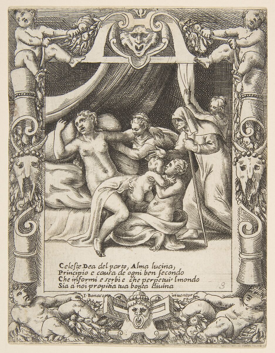 A woman in labor imploring the aid of Lucina set within a decorative cartouche, from "Loves, Rages and Jealousies of Juno", Giulio Bonasone (Italian, active Rome and Bologna, 1531–after 1576), Engraving 