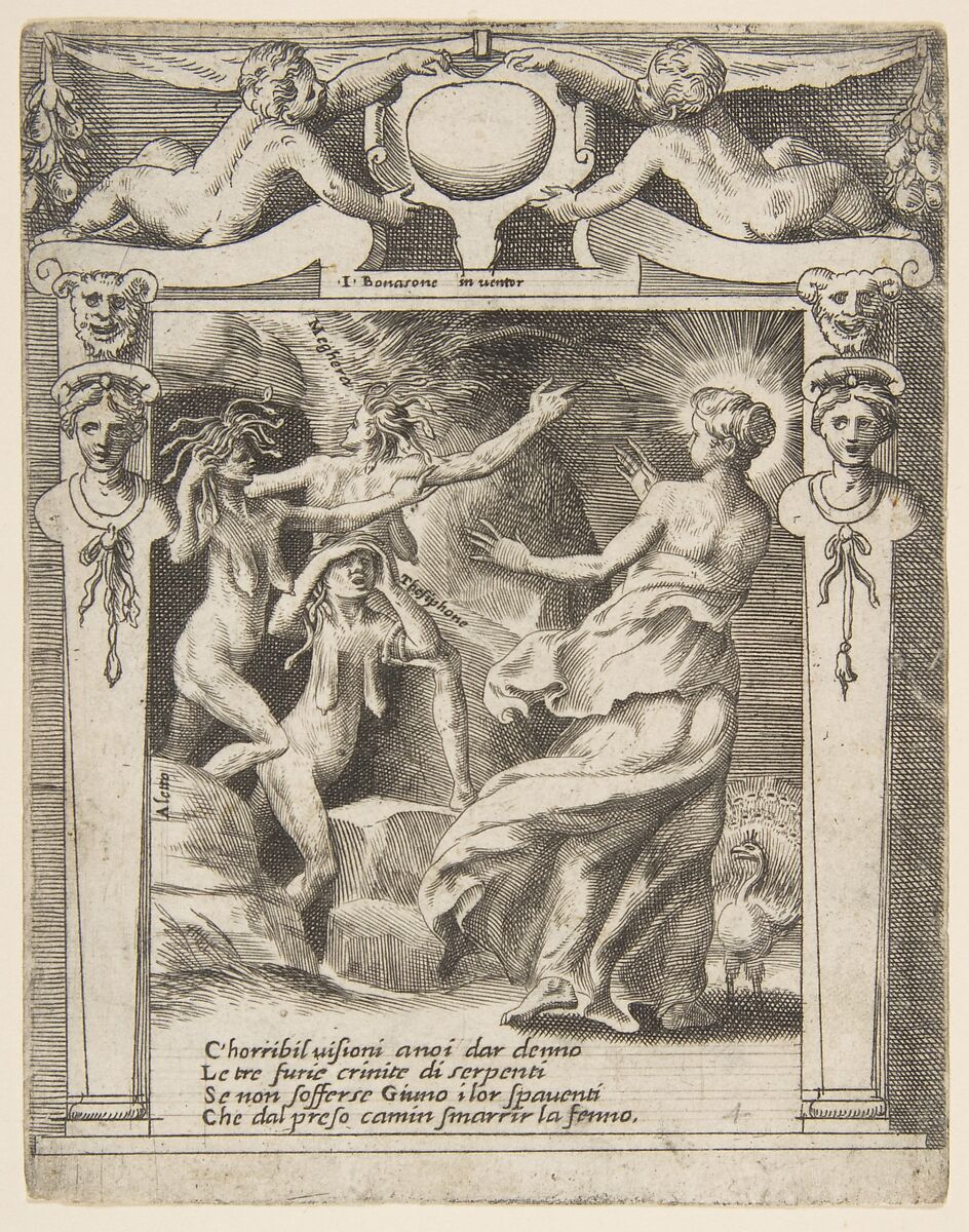 Juno frightened by the Furies, set within a decorative frame, from "Loves, Rages and Jealousies of Juno", Giulio Bonasone (Italian, active Rome and Bologna, 1531–after 1576), Engraving 