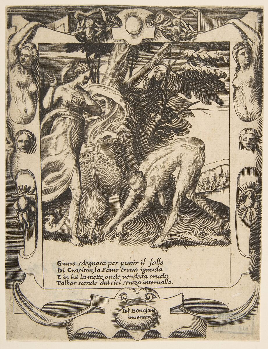 Juno sending famine against Crasiton, set within an elaborate frame, from "Loves, Rages and Jealousies of Juno", Giulio Bonasone (Italian, active Rome and Bologna, 1531–after 1576), Engraving 