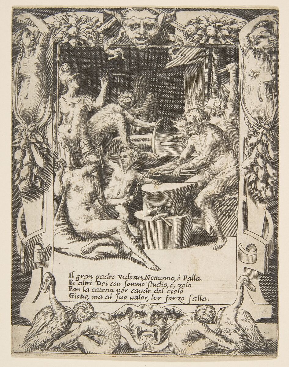 Vulcan, Neptune, Athena and other Gods making Shackles to pull Jupiter from the Heavens, set within an elaborate frame, from "Loves, Rages and Jealousies of Juno", Giulio Bonasone (Italian, active Rome and Bologna, 1531–after 1576), Engraving 
