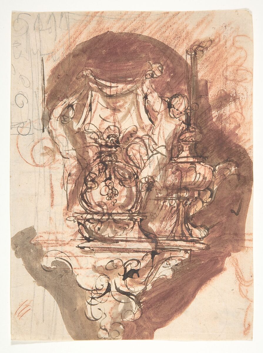 Design for a sepulchral monument; verso: Design for a sepulchral monument, Pieter Verbruggen the Younger (Flemish, Antwerp 1648–1691 Antwerp), Pen and brown ink, over red chalk and black chalk or graphite, red and brown wash; verso: pen and brown ink, over black chalk or graphite 