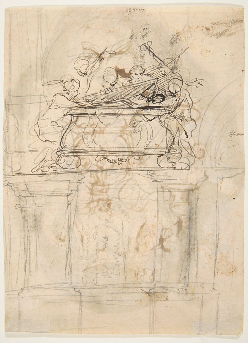 Design for a sepulchral monument (recto); Design for a sepulchral monument (verso), Pieter Verbruggen the Younger (Flemish, Antwerp 1648–1691 Antwerp), Pen and brown ink, over red chalk and black chalk or graphite, red and brown wash (recto); pen and brown ink, over black chalk or graphite (verso)