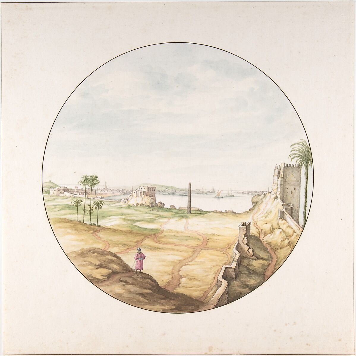 View of the Obelisk of Thutmosis III Seen from the Walls of Alexandria, Jan van Call (Dutch, Nijmegen 1656–1703 The Hague), Watercolor, graphite, pen and brown and black ink. Along the upper and the lower edge, a framing line in pen and brown ink; along the left and the right edge, a framing line in graphite 