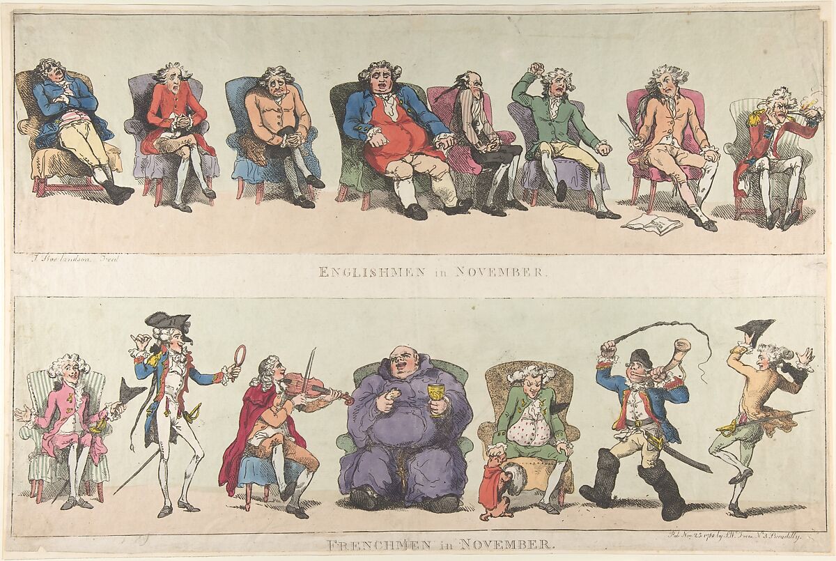 Englishmen in November, Frenchmen in November, Thomas Rowlandson (British, London 1757–1827 London), Hand-colored etching 