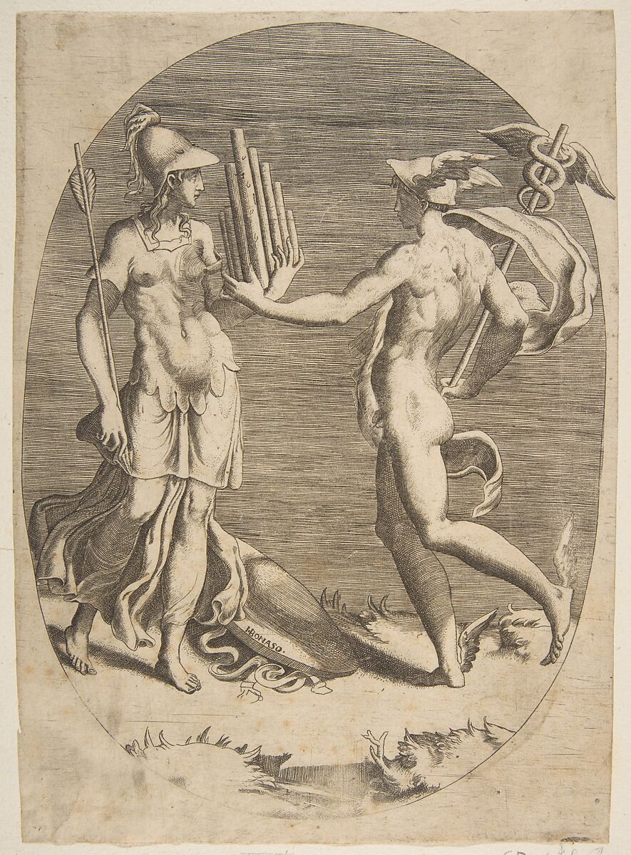 Mercury presenting a panpipe to Minerva who stands at left, an oval composition, Giulio Bonasone (Italian, active Rome and Bologna, 1531–after 1576), Engraving 