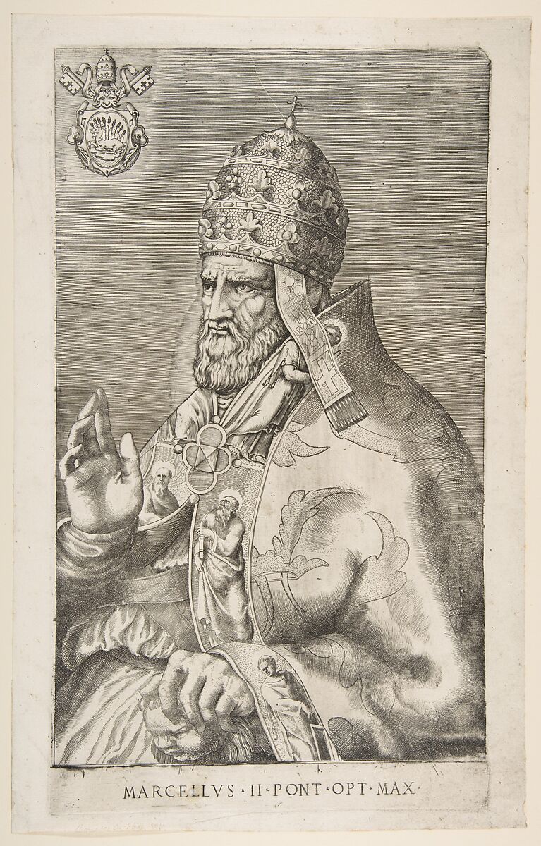 Portrait of Pope Marcellus II, right hand raised facing left, Giulio Bonasone (Italian, active Rome and Bologna, 1531–after 1576), Engraving 
