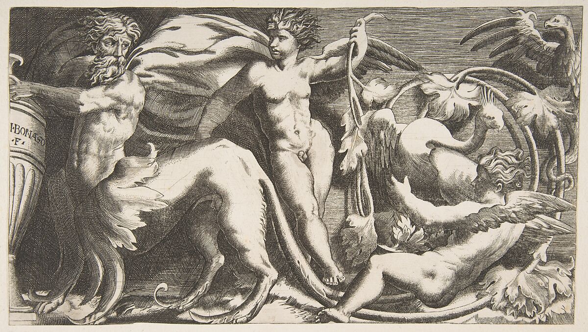 ornamental Frieze with two Putti and a Monster, Giulio Bonasone (Italian, active Rome and Bologna, 1531–after 1576), Engraving 