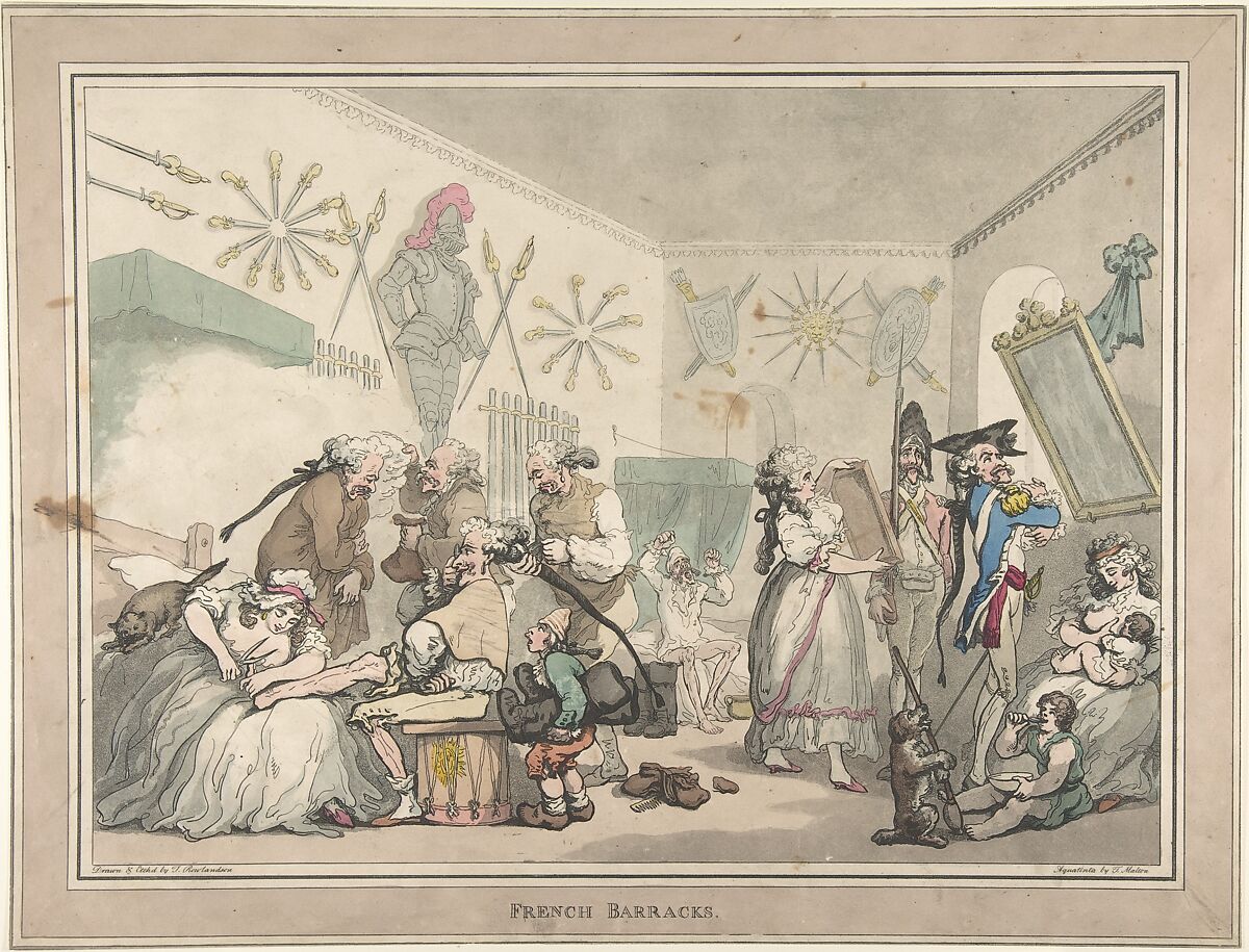 French Barracks, Thomas Rowlandson (British, London 1757–1827 London), Hand-colored etching and aquatint 