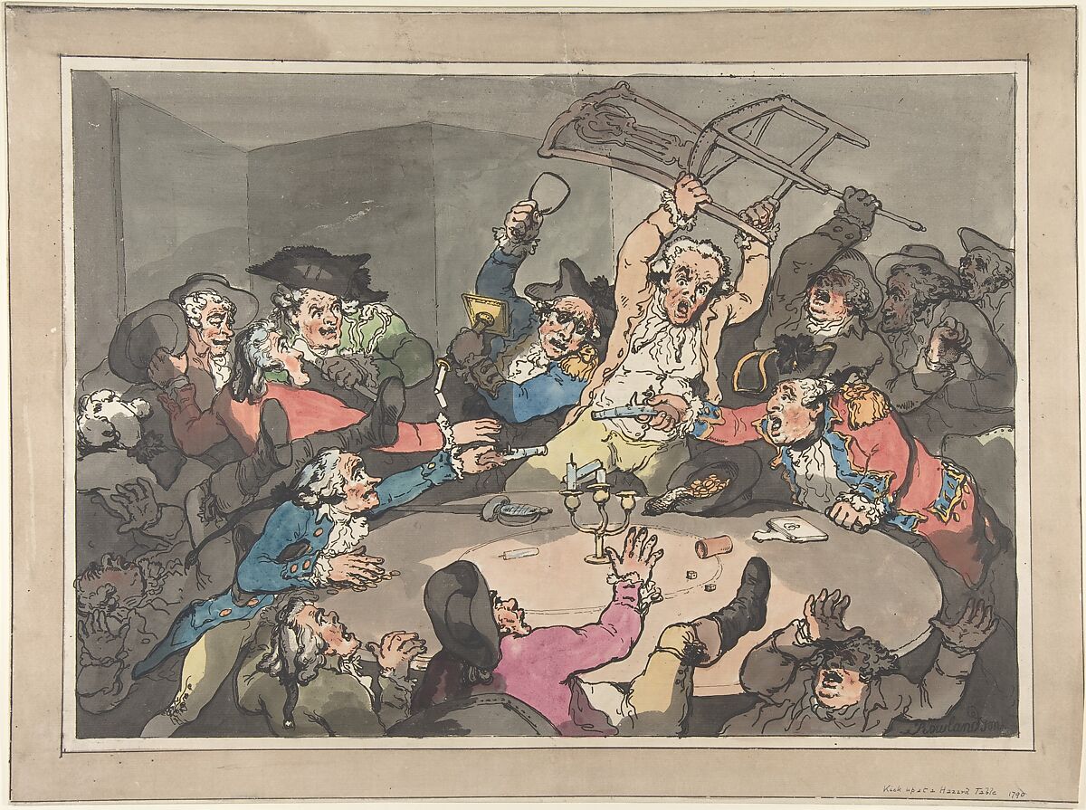 Kick Up at a Hazard Table, Thomas Rowlandson (British, London 1757–1827 London), Hand-colored etching and aquatint 