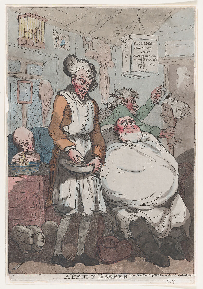 A Penny Barber, Thomas Rowlandson (British, London 1757–1827 London), Hand-colored etching and aquatint 