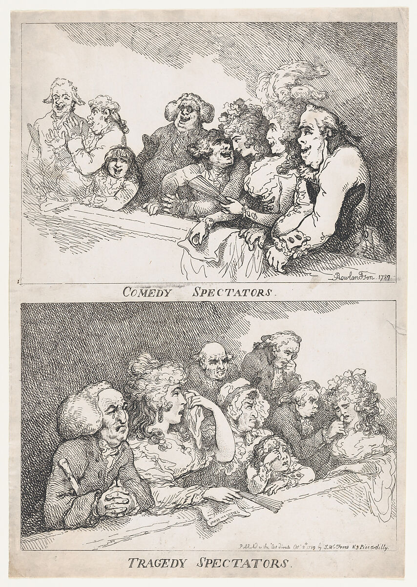 Comedy Spectators, Tragedy Spectators, Thomas Rowlandson (British, London 1757–1827 London), Etching 