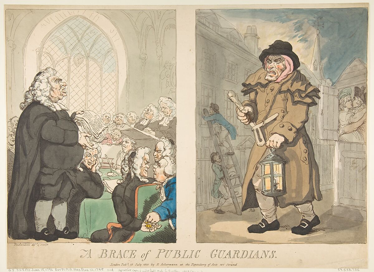 A Brace of Public Guardians, Thomas Rowlandson (British, London 1757–1827 London), Hand-colored etching 