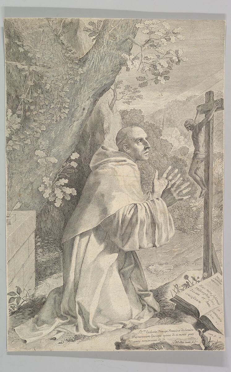St. Bernard Kneeling Before a Crucifix, Claude Mellan (French, Abbeville 1598–1688 Paris), Engraving; third state of four 