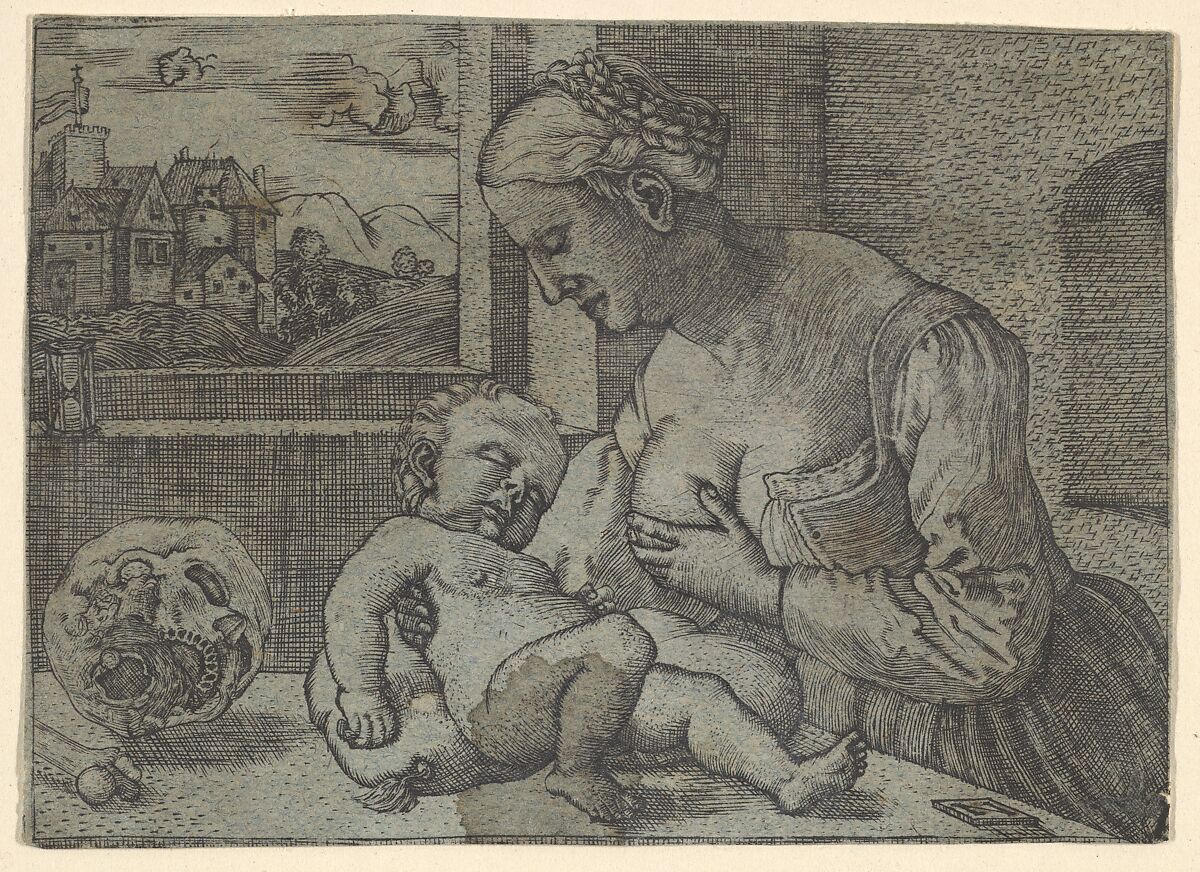 The Virgin and Child with the Skull (copy), After Barthel Beham (German, Nuremberg ca. 1502–1540 Italy), Engraving printed on blue paper 