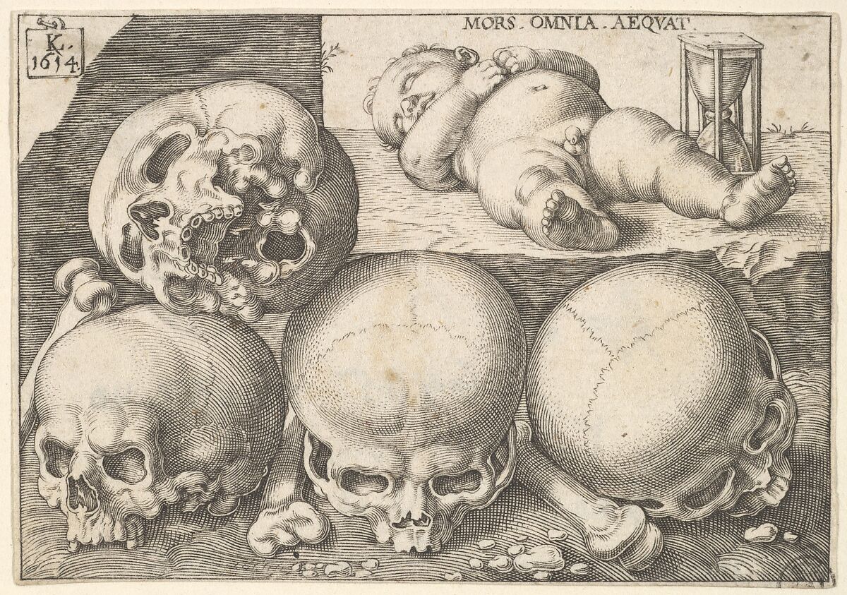 Sleeping Child with Four Skulls (reverse copy), Lucas Kilian (German, Augsburg 1579–1637 Augsburg), Engraving; reverse copy 