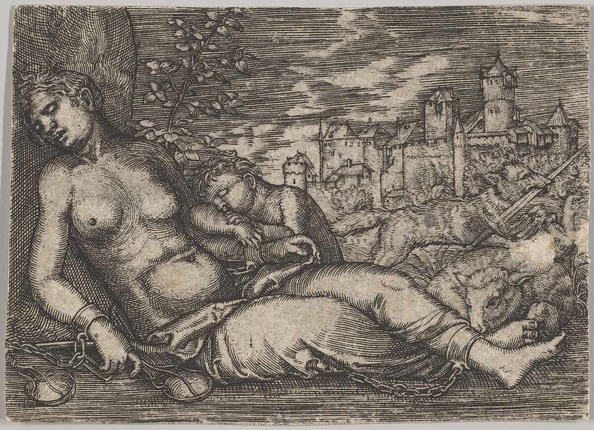 Der Welt Lauf (Sleeping Justice) (copy), Barthel Beham (German, Nuremberg ca. 1502–1540 Italy), Engraving 
